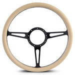 Steering Wheel,Classic style,Aluminum,15 1/2,Half-wrap,Made in the USA,Gloss black anodized spokes,Tan grip