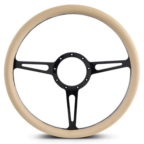 Steering Wheel,Classic style,Aluminum,15 1/2,Half-wrap,Made in the USA,Gloss black anodized spokes,Tan grip