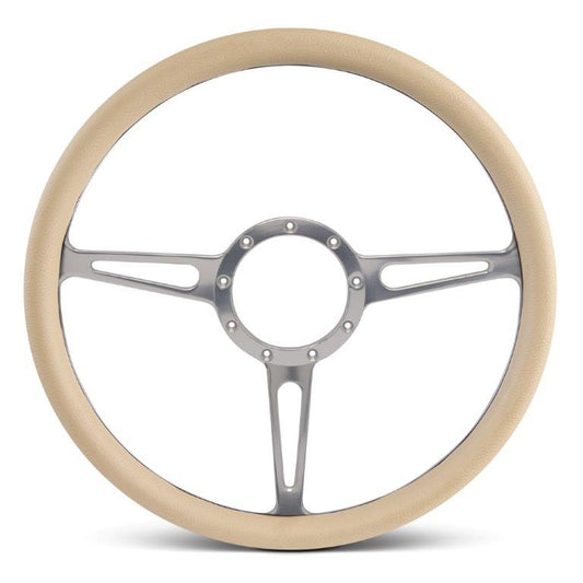 Steering Wheel,Classic style,Aluminum,15 1/2,Half-wrap,Made in the USA,Clear anodized spokes,Tan grip