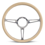 Steering Wheel,Classic style,Aluminum,15 1/2,Half-wrap,Made in the USA,Clear anodized spokes,Tan grip