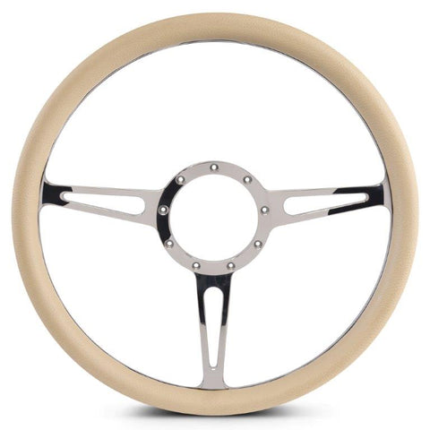 Steering Wheel,Classic style,Aluminum,15 1/2,Half-wrap,Made in the USA,Chrome spokes,Tan grip