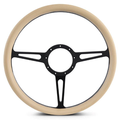 Steering Wheel,Classic style,Aluminum,15 1/2,Half-wrap,Made in the USA,Matte black Fusioncoat spokes,Tan grip