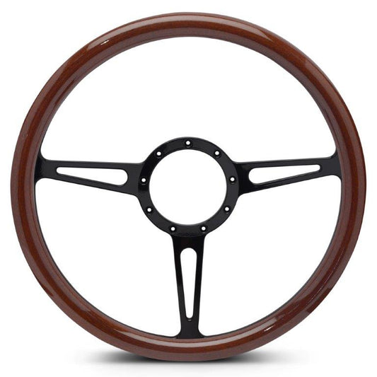 Steering Wheel,Classic style,Aluminum,15 1/2,Half-wrap,Made In USA,Gloss black anodize spokes,Wood grip