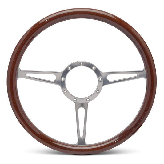 Steering Wheel,Classic style,Aluminum,15 1/2,Half-wrap,Made In USA,Clear anodize spokes,Wood grip