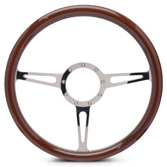 Steering Wheel,Classic style,Aluminum,15 1/2,Half-wrap,Made In USA,Chrome plated spokes,Wood grip