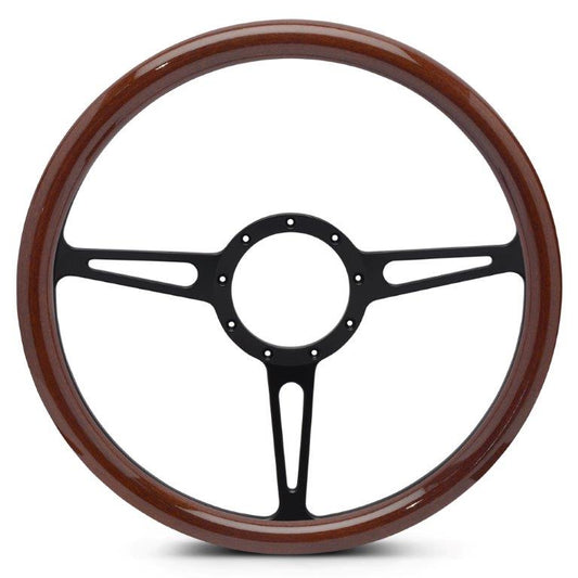 Steering Wheel,Classic style,Aluminum,15 1/2,Half-wrap,Made In USA,Matte black spokes,Wood grip