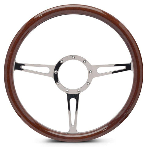 Steering Wheel,Classic style,Aluminum,15 1/2,Half-wrap,Made In USA,Bright polished finish,Wood grip