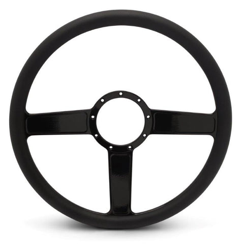 Steering Wheel,Linear style,Aluminum,15 1/2,Half-wrap,Made in the USA,Gloss black anodized spokes,Black grip