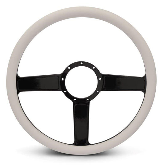 Steering Wheel,Linear style,Aluminum,15 1/2,Half-wrap,Made in the USA,Gloss black anodized spokes,White grip