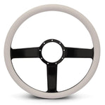 Steering Wheel,Linear style,Aluminum,15 1/2,Half-wrap,Made in the USA,Gloss black anodized spokes,White grip