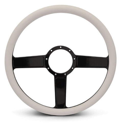 Steering Wheel,Linear style,Aluminum,15 1/2,Half-wrap,Made in the USA,Gloss black anodized spokes,White grip