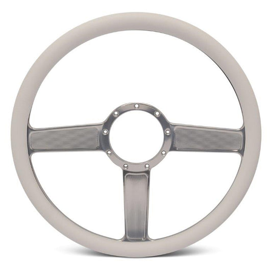 Steering Wheel,Linear style,Aluminum,15 1/2,Half-wrap,Made in the USA,Clear anodized spokes,White grip