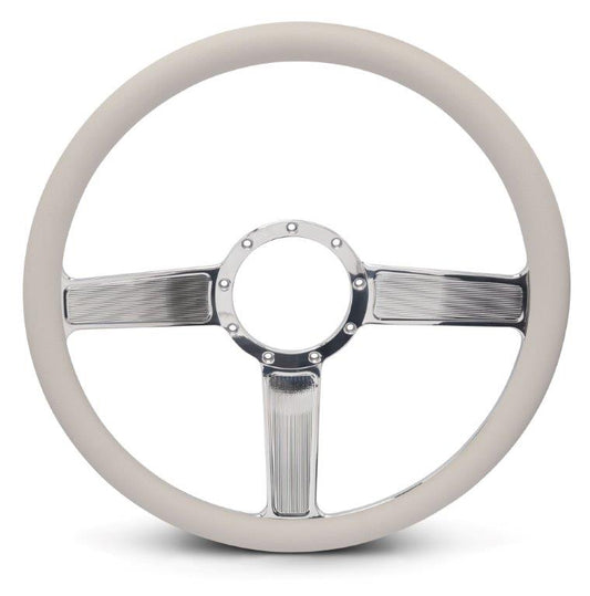 Steering Wheel,Linear style,Aluminum,15 1/2,Half-wrap,Made in the USA,Chrome spokes,White grip