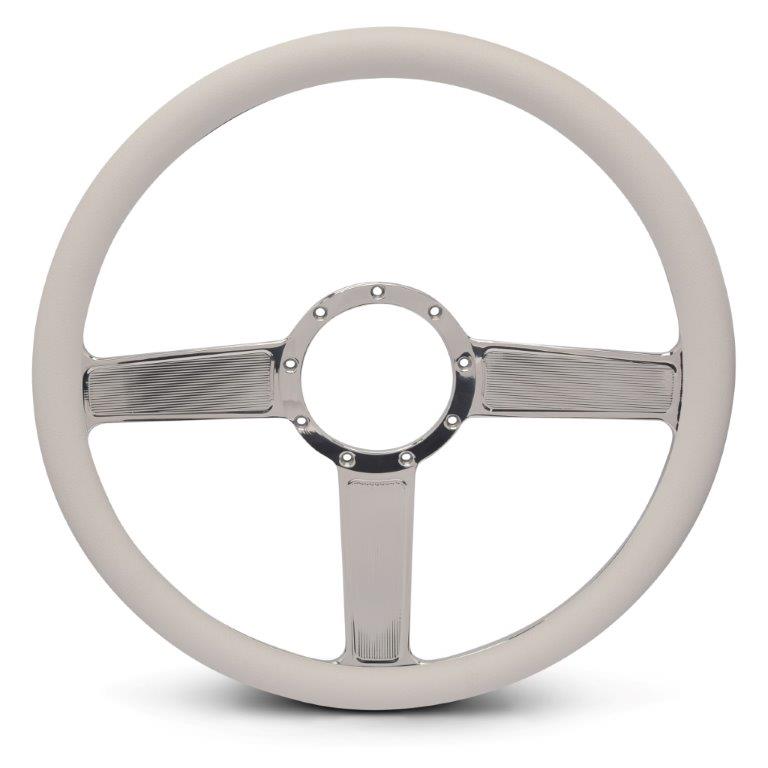 Steering Wheel,Linear style,Aluminum,15 1/2,Half-wrap,Made in the USA,Bright clear coat spokes,White grip