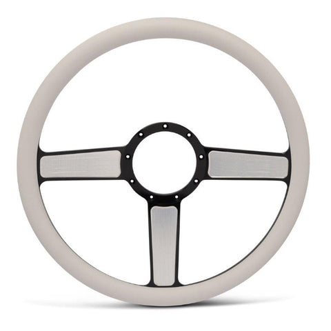 Steering Wheel,Linear style,Aluminum,15 1/2,Half-wrap,Made in USA,Black spokes w/machinedhighlights,White grip