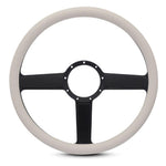 Steering Wheel,Linear style,Aluminum,15 1/2,Half-wrap,Made in the USA,Matte black Fusioncoat spokes,White grip