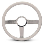 Steering Wheel,Linear style,Aluminum,15 1/2,Half-wrap,Made in the USA,Bright polished spokes,White grip