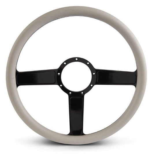 Steering Wheel,Linear style,Aluminum,15 1/2,Half-wrap,Made in the USA,Gloss black anodized spokes,Grey grip