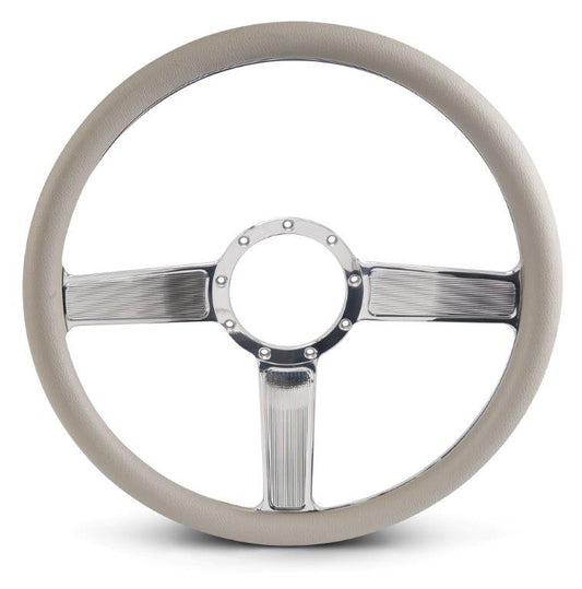 Steering Wheel,Linear style,Aluminum,15 1/2,Half-wrap,Made in the USA,Chrome spokes,Grey grip