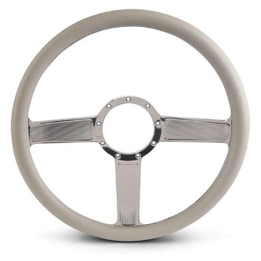 Steering Wheel,Linear style,Aluminum,15 1/2,Half-wrap,Made in the USA,bright clear coat spokes,Grey grip