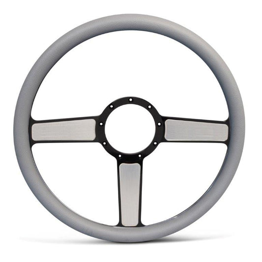 Steering Wheel,Linear style,Aluminum,15 1/2,Half-wrap,Made in USA,Black spokes w/machinedhighlights,Grey grip