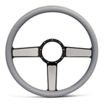 Steering Wheel,Linear style,Aluminum,15 1/2,Half-wrap,Made in USA,Black spokes w/machinedhighlights,Grey grip