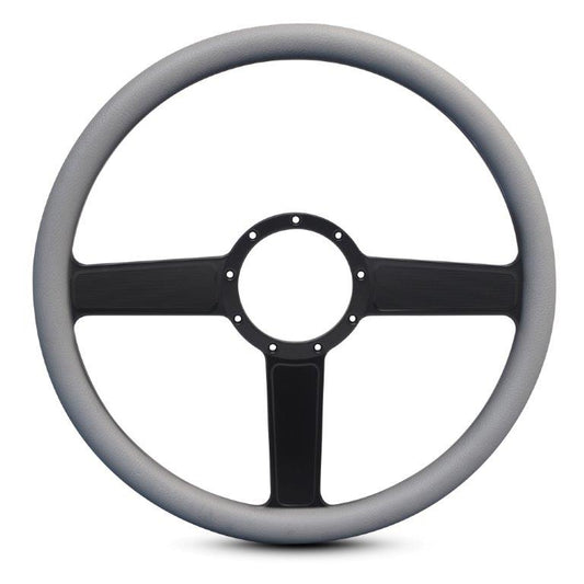 Steering Wheel,Linear style,Aluminum,15 1/2,Half-wrap,Made in the USA,Matte black Fusioncoat spokes,Grey grip