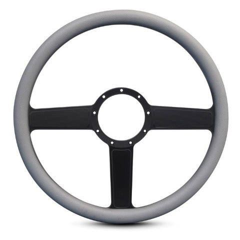 Steering Wheel,Linear style,Aluminum,15 1/2,Half-wrap,Made in the USA,Matte black Fusioncoat spokes,Grey grip