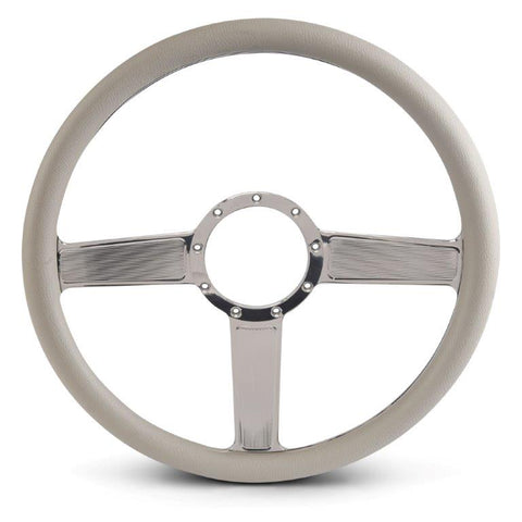 Steering Wheel,Linear style,Aluminum,15 1/2,Half-wrap,Made in the USA,Bright polished spokes,Grey grip