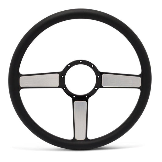 Steering Wheel,Linear style,Aluminum,15 1/2,Half-wrap,Made in USA,Black spokes w/machinedhighlights,Black grip