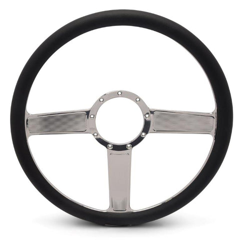 Steering Wheel,Linear style,Aluminum,15 1/2,Half-wrap,Made in the USA,Bright polished spokes,Black grip