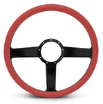 Steering Wheel,Linear style,Aluminum,15 1/2,Half-wrap,Made in the USA,Gloss black anodized spokes,Red grip