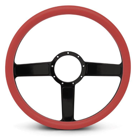 Steering Wheel,Linear style,Aluminum,15 1/2,Half-wrap,Made in the USA,Gloss black Fusioncoat spokes,Red grip