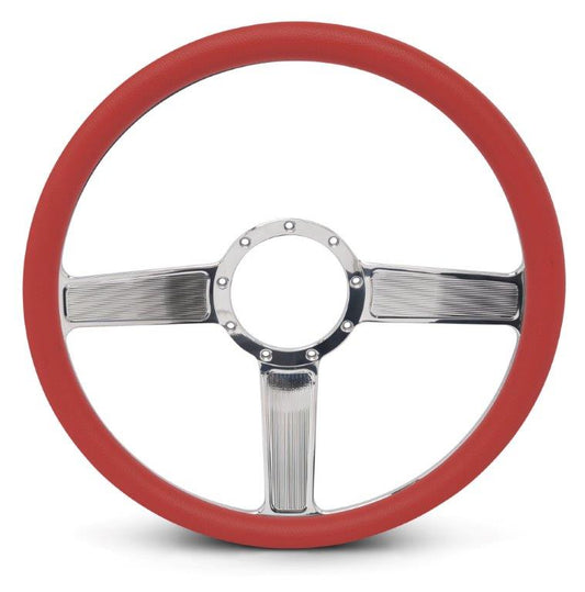 Steering Wheel,Linear style,Aluminum,15 1/2,Half-wrap,Made in the USA,Chrome spokes,Red grip