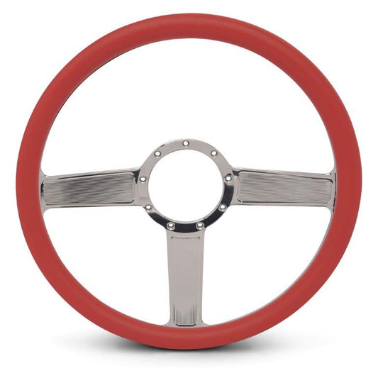 Steering Wheel,Linear style,Aluminum,15 1/2,Half-wrap,Made in the USA,bright clear coat spokes,Red grip