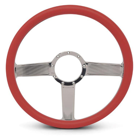 Steering Wheel,Linear style,Aluminum,15 1/2,Half-wrap,Made in the USA,bright clear coat spokes,Red grip