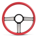 Steering Wheel,Linear style,Aluminum,15 1/2,Half-wrap,Made in USA,Black spokes w/machinedhighlights,Red grip