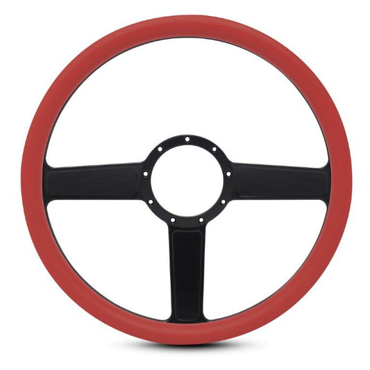 Steering Wheel,Linear style,Aluminum,15 1/2,Half-wrap,Made in the USA,Matte black Fusioncoat spokes,Red grip