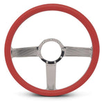 Steering Wheel,Linear style,Aluminum,15 1/2,Half-wrap,Made in the USA,Bright polished spokes,Red grip