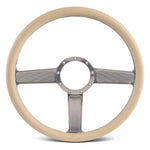 Steering Wheel,Linear style,Aluminum,15 1/2,Half-wrap,Made in the USA,Clear anodized spokes,Tan grip