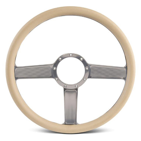 Steering Wheel,Linear style,Aluminum,15 1/2,Half-wrap,Made in the USA,Clear anodized spokes,Tan grip