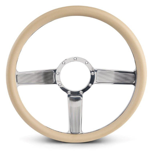 Steering Wheel,Linear style,Aluminum,15 1/2,Half-wrap,Made in the USA,Chrome spokes,Tan grip