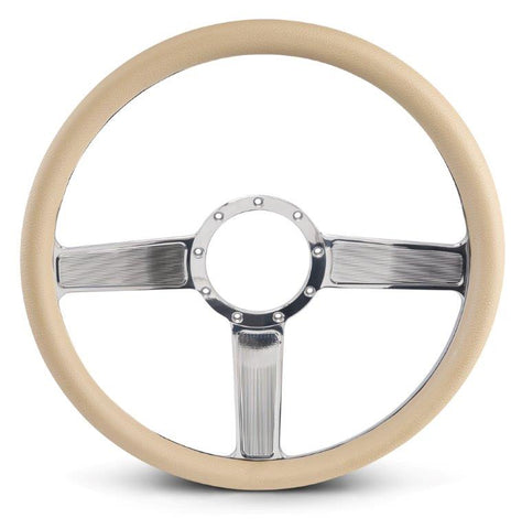 Steering Wheel,Linear style,Aluminum,15 1/2,Half-wrap,Made in the USA,Chrome spokes,Tan grip