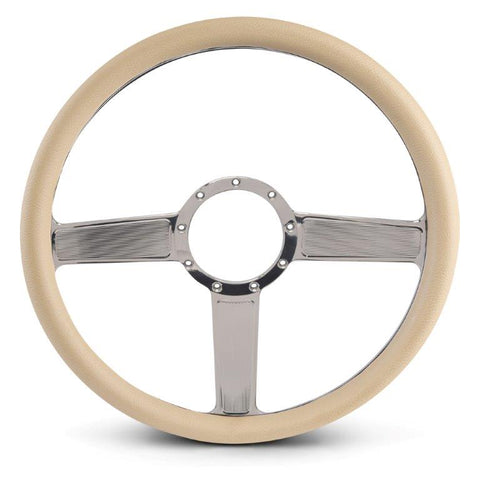 Steering Wheel,Linear style,Aluminum,15 1/2,Half-wrap,Made in the USA,bright clear coat spokes,Tan grip