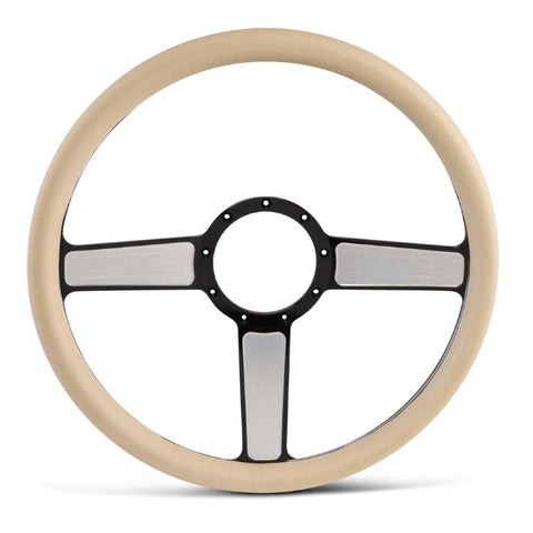 Steering Wheel,Linear style,Aluminum,15 1/2,Half-wrap,Made in USA,Black spokes w/machinedhighlights,Tan grip