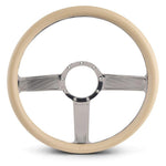 Steering Wheel,Linear style,Aluminum,15 1/2,Half-wrap,Made in the USA,Bright polished spokes,Tan grip