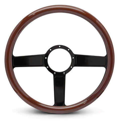 Steering Wheel,Linear style,Aluminum,15 1/2,Half-wrap,Made In USA,Gloss black anodize spokes,Wood grip