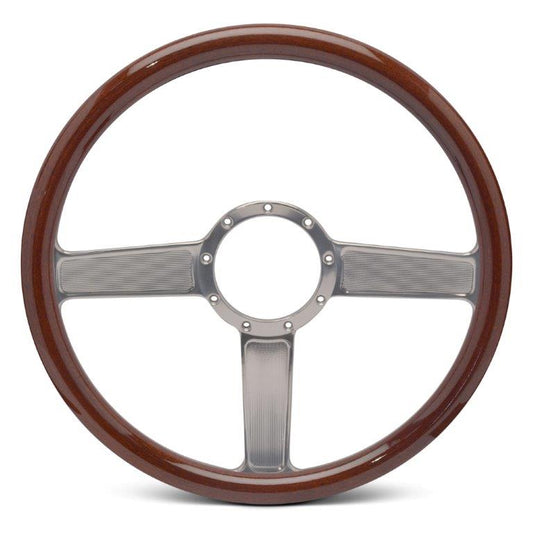 Steering Wheel,Linear style,Aluminum,15 1/2,Half-wrap,Made In USA,Clear anodize spokes,Wood grip