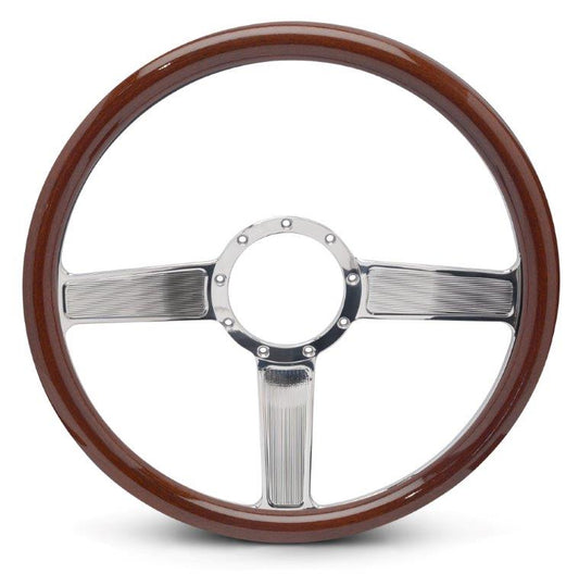 Steering Wheel,Linear style,Aluminum,15 1/2,Half-wrap,Made In USA,Chrome plated spokes,Wood grip