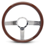 Steering Wheel,Linear style,Aluminum,15 1/2,Half-wrap,Made In USA,Chrome plated spokes,Wood grip